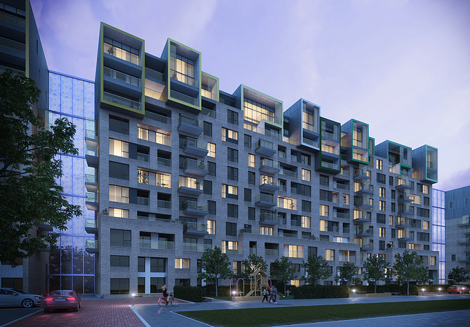A dusk render of new flats in London.