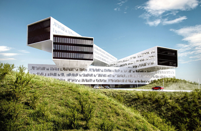 visualform - http://visualform.pl/
Statoil Headquarter from Stavanger Norway in different terrain, we noted that the middle of nowhere will be better place for this untypical huge building, some Area 51 terrain is perfect  hope you like it :)