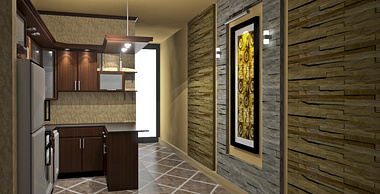 modern kitchen with stone wall