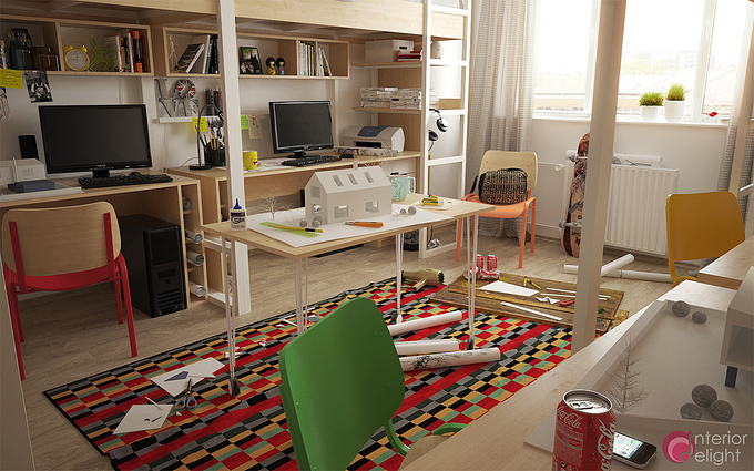  - http://
An attempt to create the mess in a students' room before an exam. The original scene is my submission for a students dorm-room design contest for the University of Architecture dorms.

Rhino4, Vray, Photoshop