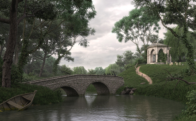 I got an idea for an image like this while ago but didn't find time to execute it till now. It is inspired with landscape painting of Romantic era and English landscape garden art. 
Architrectural details are subtle, partialy consumed by peisage. I decided to go with medieval, Gothic architectural elements instead of classical, Greco-Roman style (which the painters of late 18-th and early 19th Century would probably prefer).
I am feeling kinda blue these days and I guess that affected my choice of palete and lighting - which is, I admit, a bit gloomy and sinister. There are even some subtle memento mori elemnts: decaying graves, sunken boat, seven crows on the bridge...
Comments are appreciated.
Cheers