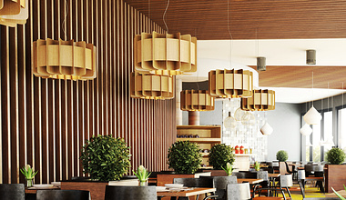 Wooden interior of modern restaurant