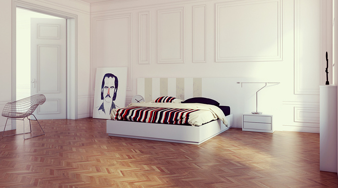 A photorealistic presentation of decorative solution for bedroom. Software used: AutoCad + 3ds Max + Vray + Photoshop