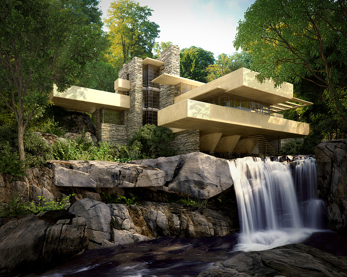 http://www.lucyedwards3d.com
I wanted to create some 3D renders of a famous architectural building. Falling Water seemed like the perfect choice. I found a photo online and went from there, I did three images in total with different HDRIs. Everything 3D apart from the water and the trees in the very back.
Software used 3DSMax, Vray and Photoshop.