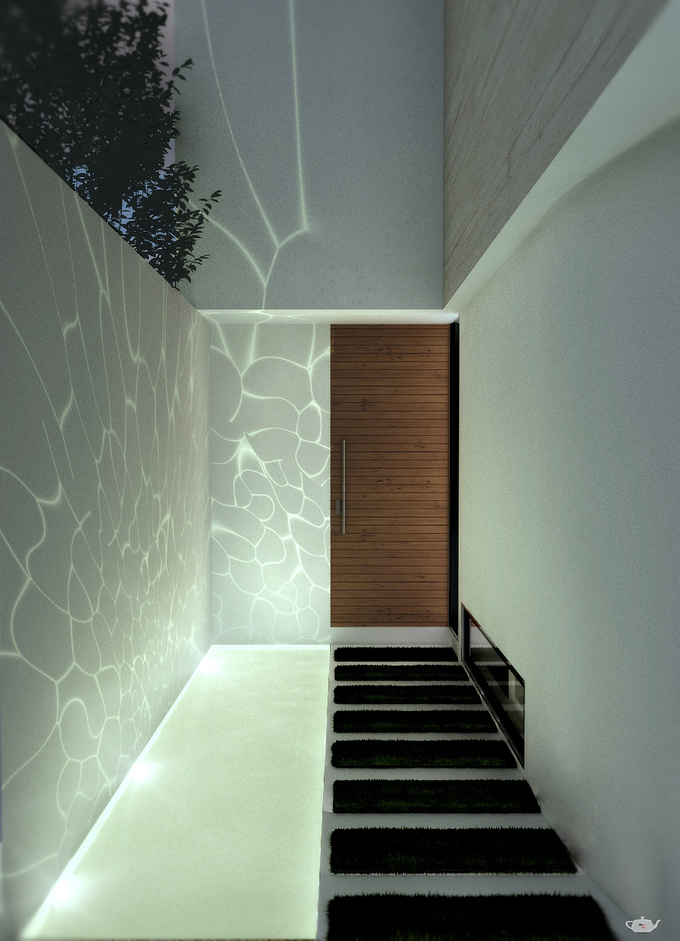 This render is a detail of the main entrance.
because of its design and massing not ve.otro reason was the water mirror illumination with green light