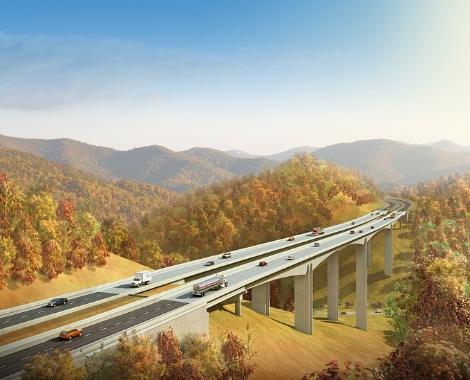 RS&H - http://youtube.com/rsandhviz
This bridge goes from Kentucky to Virginia over the state line and also over a fault line. The image was created as a marketing piece.

Software: 3ds Max, Photoshop