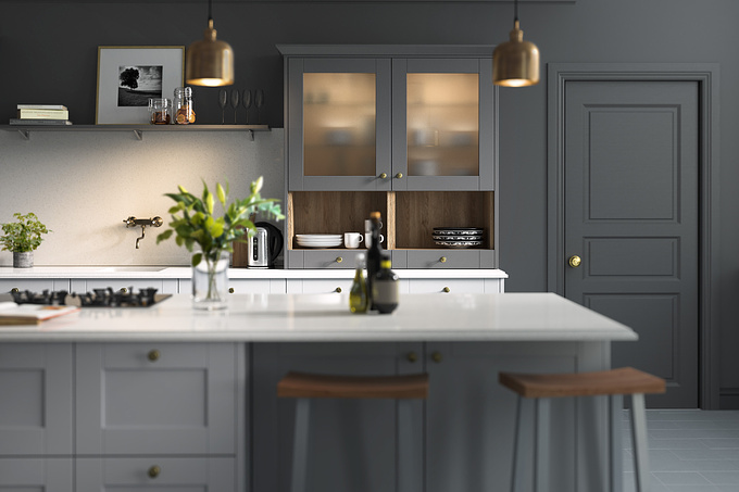Pikcells Ltd - http://www.pikcells.com/
New Kitchen CGI for a client to promote their new range. Interior design, styling and CG production by us. 

We used Vray, 3dsmax, Photoshop and After Effects to create this image.