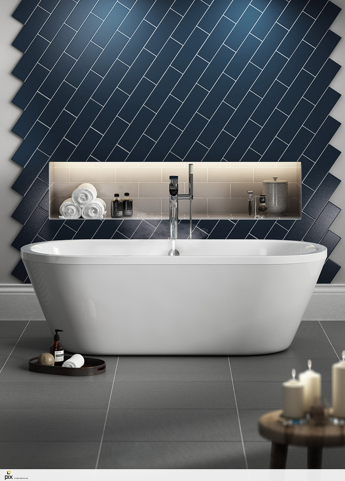 This atmospheric CGI render is created for a national DIY chain. The herringbone tile formation is on trend, drawing the eye to the free standing bathtub. Grey slate tiles, masculine props with white towels.