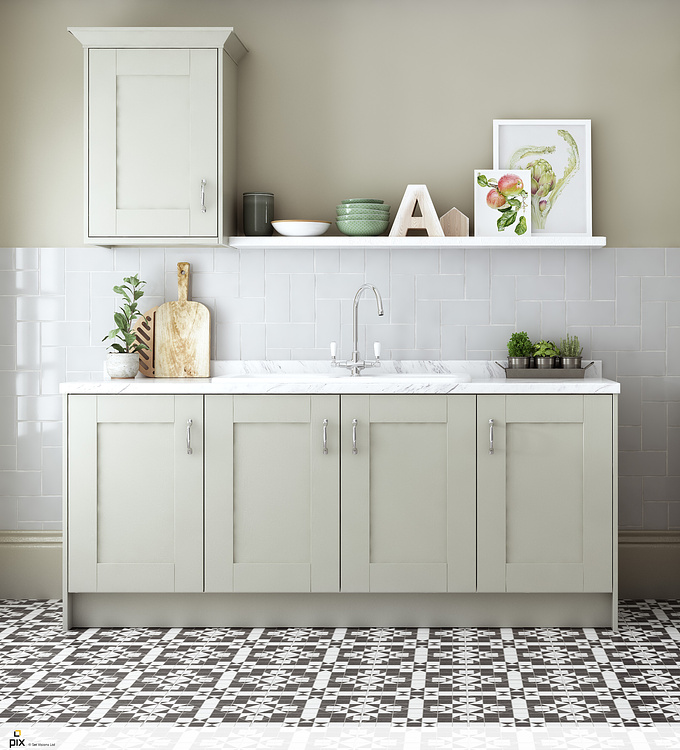 Fresh feeling render using traditional sage shaker kitchen cabinets, marble worktop and metro tiles. Graphic black and white floor tiles adds contrast, mixed with natural wood and ceramic props.