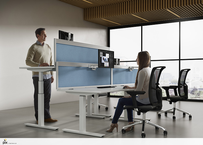 These 3D renders are created to demonstrate the height adjustable desk in the office environment. The desks we given to Set Visions as 3D line drawings, our expert 3D models created and textured the 3D product.

The male and female models were specifically photographed in our photography studio, with our post production team blending the two together.