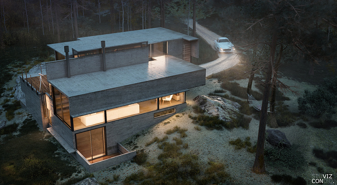 Vizcon3d - http://www.vizcon.be
The goal for this project was to study dusk - evening scenes with artificial interior and exterior lightning, and to create the "Perfect" mood.
The exterior lightning was done with several Hdri, to find just the right mood.