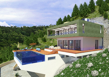 Modern house on hillside.