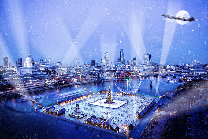Dowling Jones & Stone - http://www.dowlingjonesstone.com
London based CGI specialists, Dowling Jones & Stone, have launched plans for a proposed “freeze fair” on the Thames in anticipation of record-breaking cold temperatures. The 30,000 sq m space would utilise the dip in river temperatures using green energy to freeze the water and create the largest man-made ice space in the world. 

As shown in the CGI, the ice would be strong enough to form the foundations of an alpine themed Christmas market, featuring two Austrian beer halls, a 70m observation wheel, as well as assorted fairground rides and a central ice-skating area. The green enterprise would use the energy of the Thames river flow to power turbines that supply the cooling machinery with enough electricity to lower the temperature by 3 degrees (enough to freeze the contained area), meaning the whole installation would be carbon neutral. The annual freeze fair could potentially be in place from November 2014, and would be accessible from four pedestrian bridges – two from the South Bank near the Tate Modern, and two from the North Bank near St. Paul’s – attracting approximately 15,000 daily visitors. 

Lead CGI artist, Andy Butler, comments: "The Thames is the largest undeveloped space in the capital, and what we are proposing is a temporary yet innovative idea that would provide a unique space to attract tourists and Londoners alike. The concept is routed in the 16th Century, when the Thames would regularly freeze over, and fairs, games and sled racing were undertaken. We are simply taking this idea and supercharging it for the modern era.”