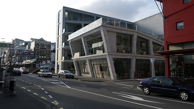 http://archvisuals.tumblr.com
New Zealand school of music - this project was concerned with the joining of two disparate places of education, and their unification in an established urban context. Very demanding programmatic requirements.

Workflow was Archicad - Sketchup 2014 - Vray 2.0 - PS CS5 for tweaks