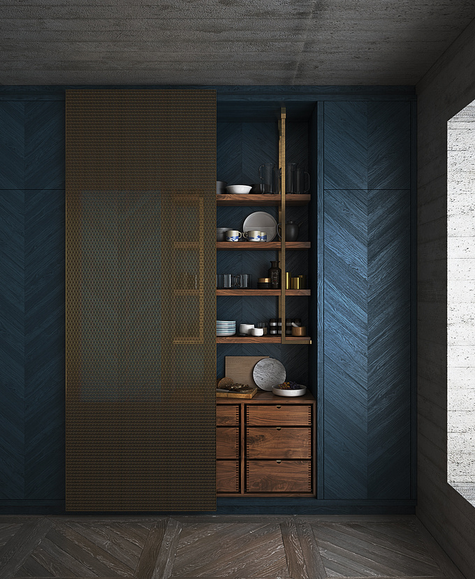 Detail of alpine lodge kitchen in stained wood and metal. 3ds Max, V-ray, Photoshop