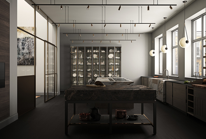  - http://
Black wood floors and textured wood furniture, suspended lighting throughout. Feature units in stone top and fronts. 3ds max, V-ray, Photoshop