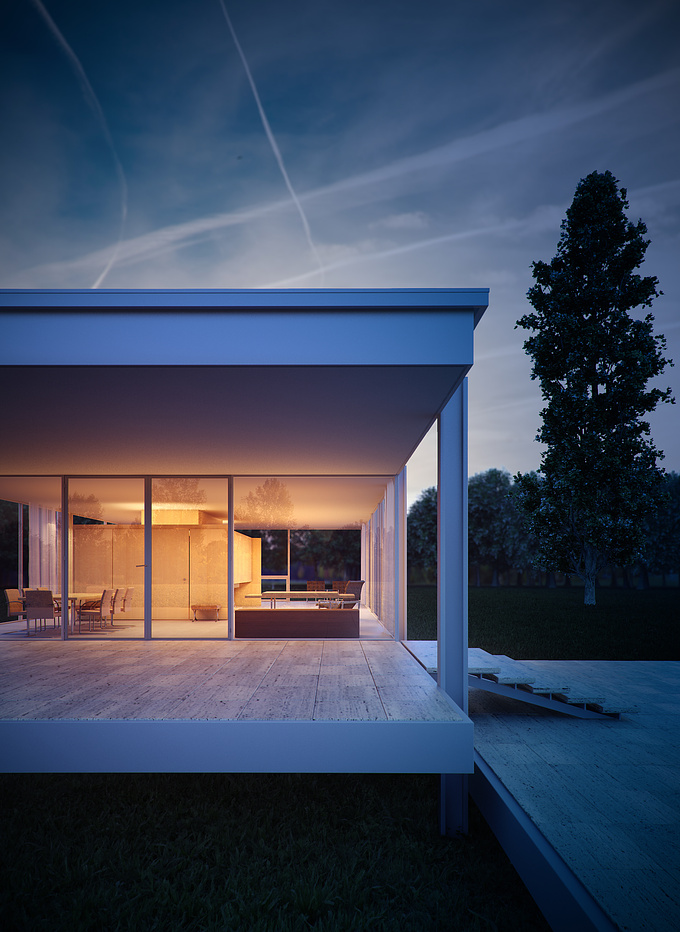  - http://
Done with 3dsMax + vRay + Photoshop.

The Farnsworth House, built by Ludwig Mies van der Rohe in 1951 and located near Plano, Illinois, is one of the most famous examples of modernist domestic architecture and was considered unprecedented in its day.