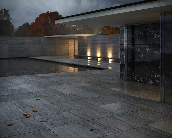 The third render from my renditions of the Barcelona Pavilion.  I took liberties with the vegetation because I wanted the autumn feel and colors to the shots.