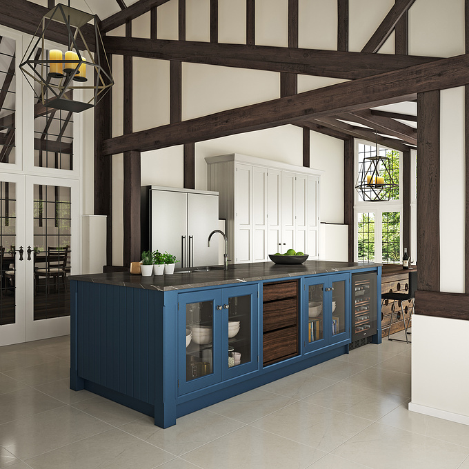 Split level kitchen within glazed barn extension, retaining exposed timbers. 3ds max, V-ray, Photoshop
