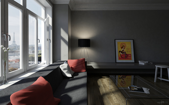 Usually focusing on commercial interiors I thought I would try and include a few of the more residential pieces we have in a residential scene. The paris apartment idea came about after I saw an image by Matheus Passos which had such a nice feel to it...the rest just evolved from there.