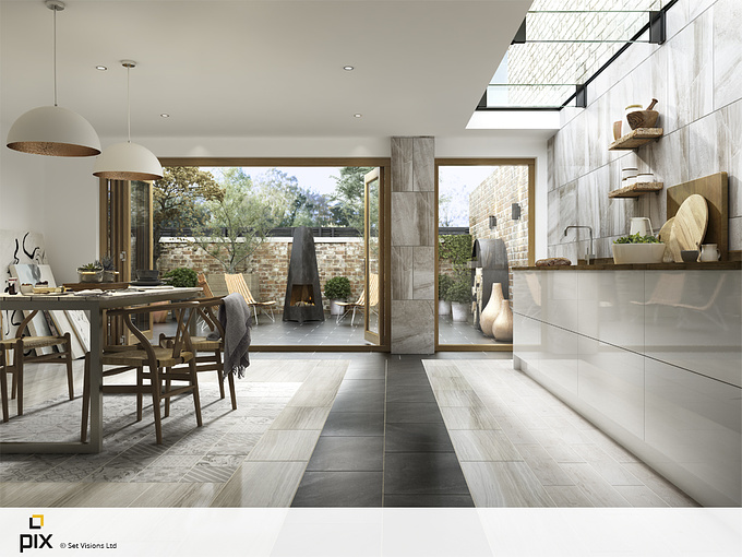 http://www.setvisionspix.co.uk/
Great use of set design creating a kitchen lifestyle image, mixing various textured tiles, woods and gloss doors to achieve an aspirational CGI photography. Architecture is key to allowing the natural light in with skylight and large folding doors.