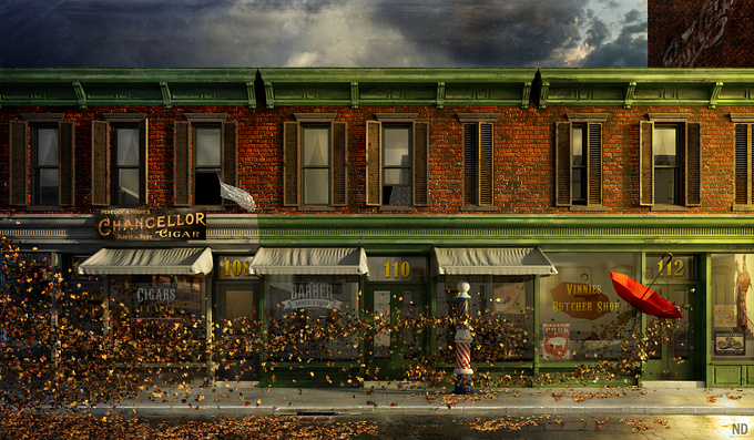 Neilson Digital - http://
The concept for our rendering was to pay homage to the original painting in terms of the nostalgic feel and reference to a time gone by of the Great Depression in New York City, while introducing a feeling of hope, whimsy, and fantasy. 

 When Hopper painted Early Sunday Morning, he captured the feel and mood of the time using architecture and light. This image subtly implies that the small-time shopkeeper, the symbol of the individual and the early nineteenth-century American ideal, is in conflict with larger, less clearly defined forces of the future. Our image tries to embody a somewhat majestic hope to fight these forces.
