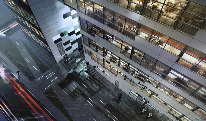 "Rainy" visualization of Pin Park office centre in Wroclaw (Poland).