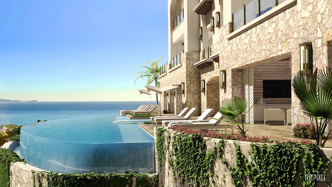 TILTPIXEL - http://www.tiltpixel.com
This is the Espiritu Mountain Residence in Cabo, Mexico.  This image showcasing the pool and views from the building was created in 3dsmax and rendered with Vray 3.0.  Post was done in Photoshop.