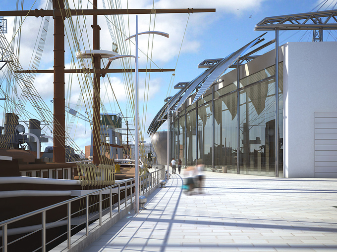 Nigel Stutt - http://
View along the promenade. 

I love the shadows that were created on the paving by the ships rigging and masts. The massive curved metal clad things over the large windows are solar shades.

Done with 3dsmax, Mentalray and Photoshop