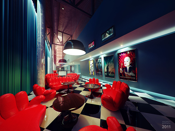 http://www.andrey-goncharov.com
This is the cinema cafe rendering. I wanted to make it full of colors and vibrant. 
Software: 3dsmax, VRay, Photoshop