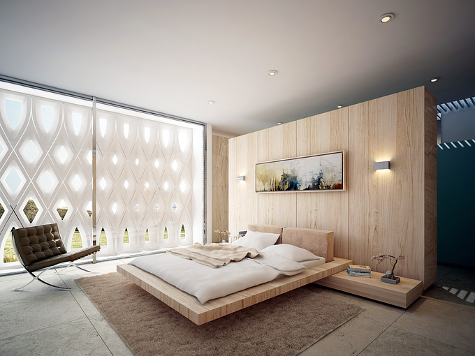Inicio Estudio - http://
Master Bedroom for a house with an interesting parametric design in facade. Aperture of the surface opens according to the light requirements of every space.