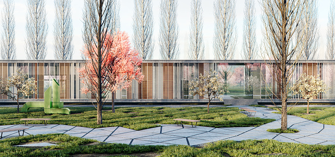 The design of the house is inspired by the flat ground in the steppe. The tall poplar trees, which are found there, emphasize the shape.