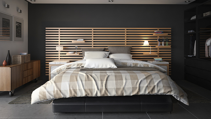 http://www.vision3d.es
Proud to show this work of Interior design for an English company manufacturer of furniture and accessories for bedrooms. Noteworthy it is the headboard of bed, made of wood slats in which you can insert as many shelves as you want and put them to your liking.

Hope you like