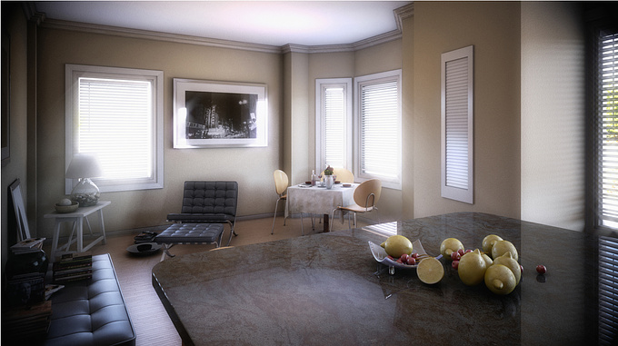 http://bobby-parker.com/
Here's image two, of another interior spaces, of a Chicago apartment. My machine's are acting wonky, and my render times are through the roof, so I am done for now. It's a really small space so I used furniture sparingly. I also used a lot of monochrome to give it that urban feeling.