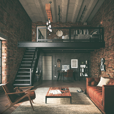 Interior loft space with industrial features