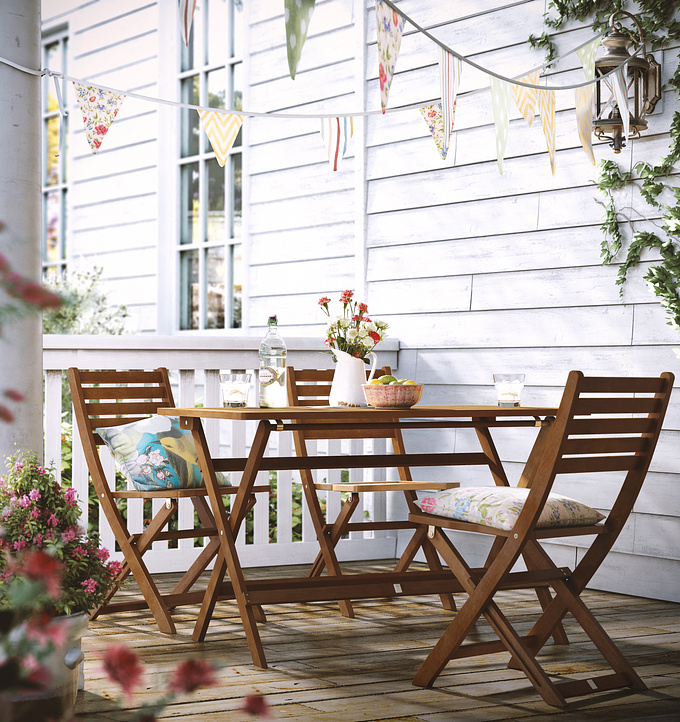 An outdoor dining and seating lifestyle shot to give the customer an idea of how the product might look in situ.
3ds max 2019 was used to model the set and Vray NEXT was used to render it. Post production is done in Photoshop.