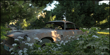 Abandoned car view through trees