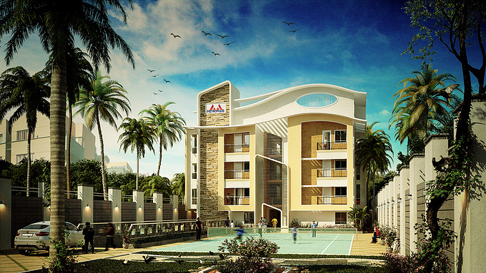 http://selvaimages.webs.com/
Exterior of a residential apartment.
Bangalore, India

Software used : 3ds max, Vray, Photoshop