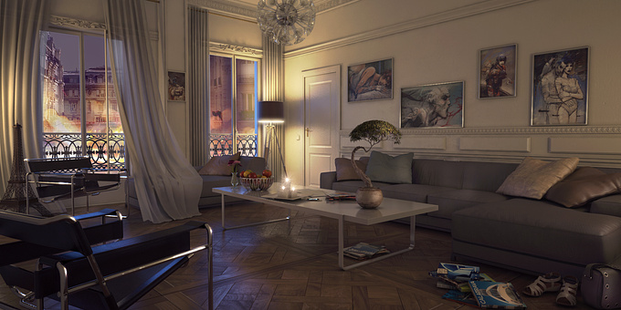 http://aurelarchi.carbonmade.com/
Another view
Just some new practice scene. I modeled a classic flat in Paris with "Versailles Floor".

Max 2012 (cloth, reactor, mass fx) , vray2, ps.

Hope you like it, Comments are welcome.