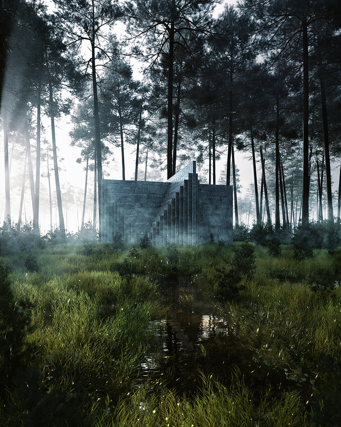 https://gionacg.wordpress.com/
I did this image in my spare time to test Corona Volumetrics and iToo Forest Pack Pro.

The structure is an art installation by Sol LeWitt built at Europos Parkas, a museum set in nature in Lithuania.

I created a misty, quite surreal atmosphere, to emphasize the strange presence of the structure in the wild environment.