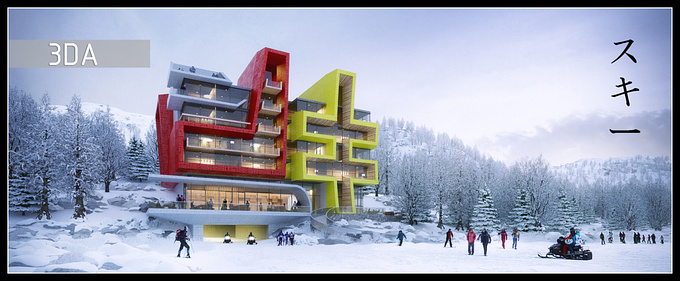 3DA - http://www.3da.net.au
This project is for a ski apartment in Japan.
Its one of the 2 options suggested, I kinda love this one better.
As you can see, the building form is derived from the japanese character. Hope you enjoy this.
3dmax and Vray