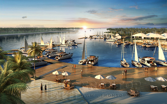 frontop digital technology co., ltd - http://www.frontop.com
,Bay Render with sailing boats & leisure area 

beautiful sunset view, semi-aerial view, magic hour with inspiration
