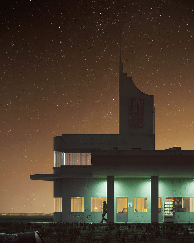 The Fiat Tagliero Building in Asmara, is a Futurist-style service station completed in 1938 and designed by the Italian engineer Giuseppe Pettazzi. This inspiring building could perfectly fit in a Sci-fi universe... Blending together Architectural Visualization and Concept Art I created this story in just 6 visuals, ready for the adventure?