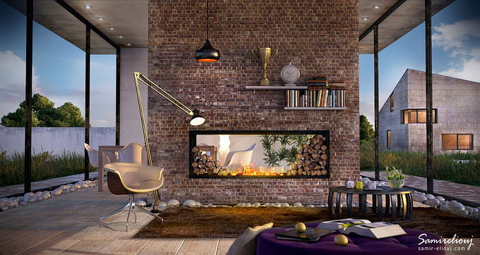 Samir Archviz&Art - http://www.samir-eliouj.com/
Hello. THE VOZ FIRE PLACE is a personal work that I did during my free time, the architecture design that I have chosen is, an image of a rectangular fireplace I saw on a architecture website for inspiration, and after that I had the idea of a puting the fire place in a wall block, after all it comes naturally, I putted the black partitions because it's classic, inside I had to play a litle with the composition of furnitures, and I have to imagine outside environment as companion with a wild plants. For the last part of the process, the post-production it wasn't easy at all because I wanted to feel the warmth of the fireplace that is why I had to give the little table more light and also around the fireplace to warm the atmosphere. The interior was modeled in 3ds Max and V-Ray rendering engine as well on photoshop and for pos-production. Thank you for the visit.

http://www.samir-eliouj.com/