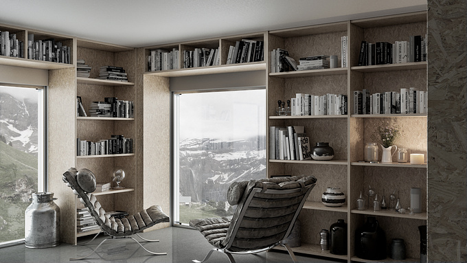 This piece was a personal exercise that I had drawn off various architectural projects, Scandinavian ideas and other interior design projects. I combined them all into what I would imagine would make a fitting library space in the mountains of Norway.