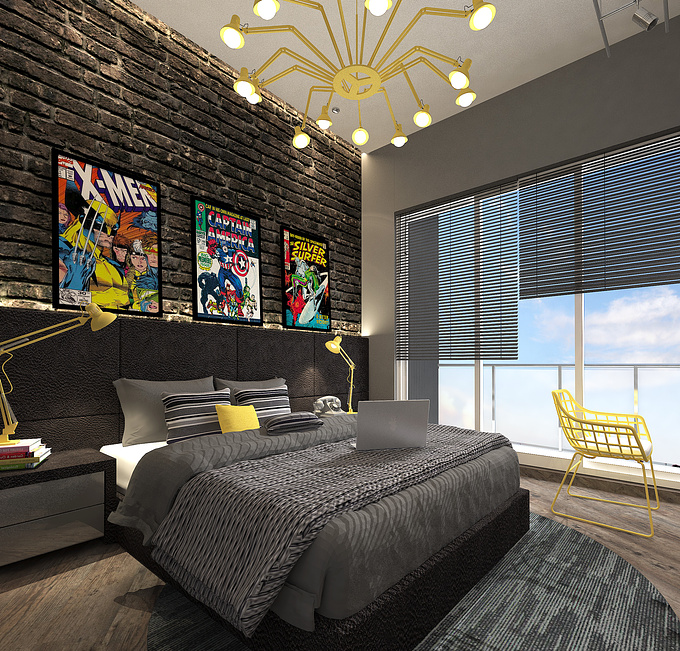 Designed teenage bedroom with brick pattern in the back and with the concept of black and grey and yellow color.