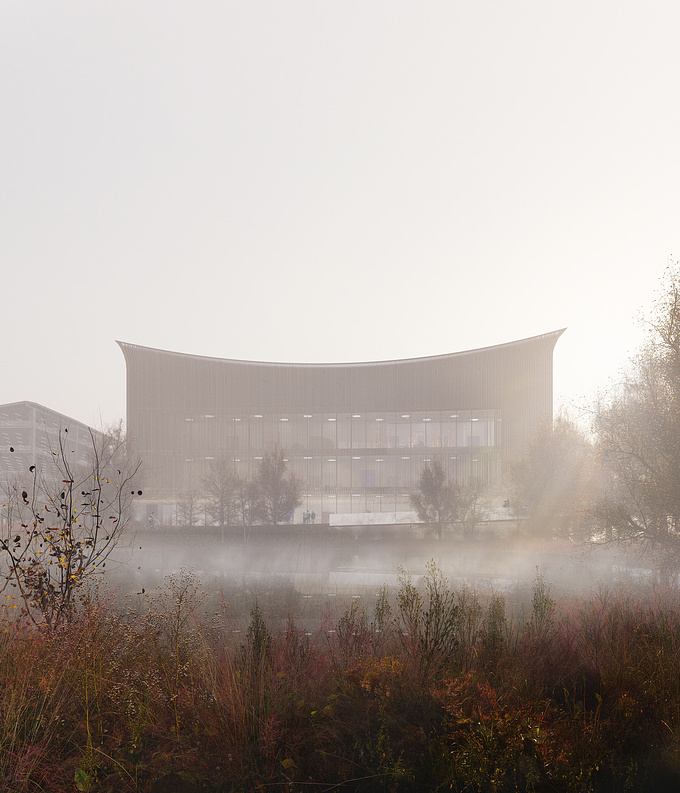 Proposal of the culture house for a masterplan Broeklin project in Belgium. Morning ambient light to capture the iconic contour of the building.