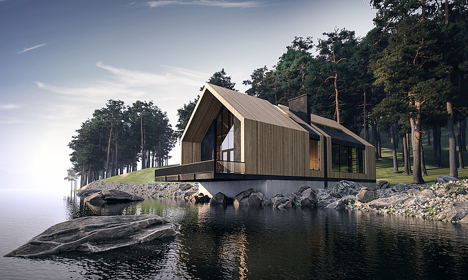 The concept of a country house by the lake. In contemporary architectural style.