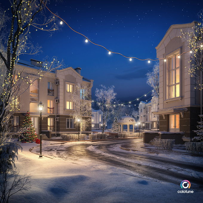 Colotune CG
The main intention of this project's visualization was to create a photorealistic, natural looking and attractive images of a residential area in classic  style.  All  elements of a landscape design were chosen to fit  the main architectural scheme.  At  same time they had to look fresh, original and modern. 
Another great challenge was to create a natural looking winter day/night  visualization, because it had to look cozy and bring a festive atmosphere to a spectator.