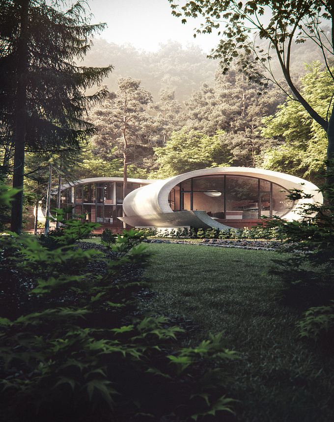 A reference study about this sexy and nature-inspired architecture, in wich the limit between buliding and nature is not clearly defined. Trying to stick to the japanese mood and vegetation reference, giving a sense of harmony and peace. In this exterior shot nature is the frame that enlights the house.